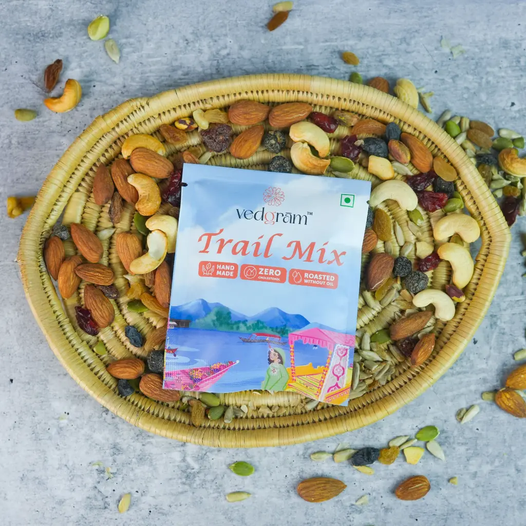 Vedgram Trail Mix – Healthy mix of seeds, nuts, and dried fruits in eco-friendly pack pouch.webp