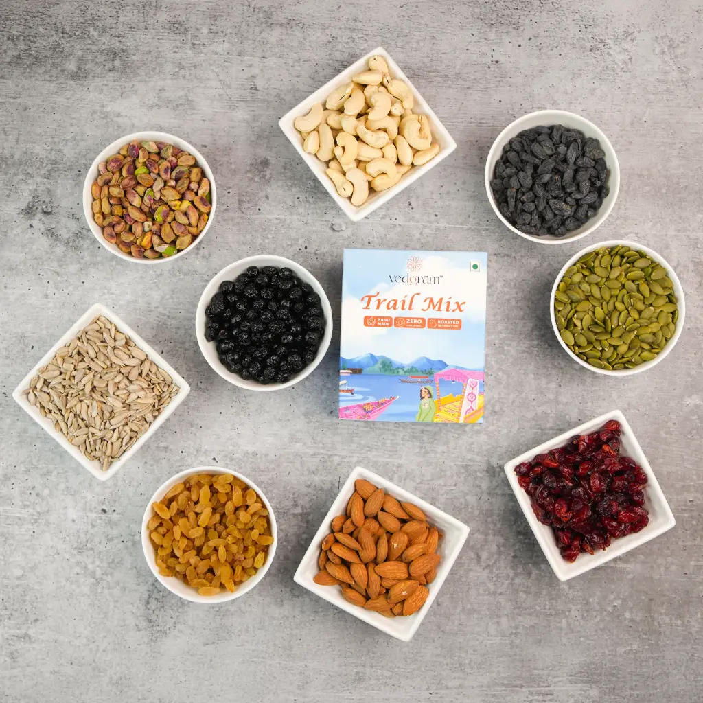 Vedgram Trail Mix – Healthy mix of seeds, nuts, and dried fruits in eco-friendly pack Dry fruits.webp